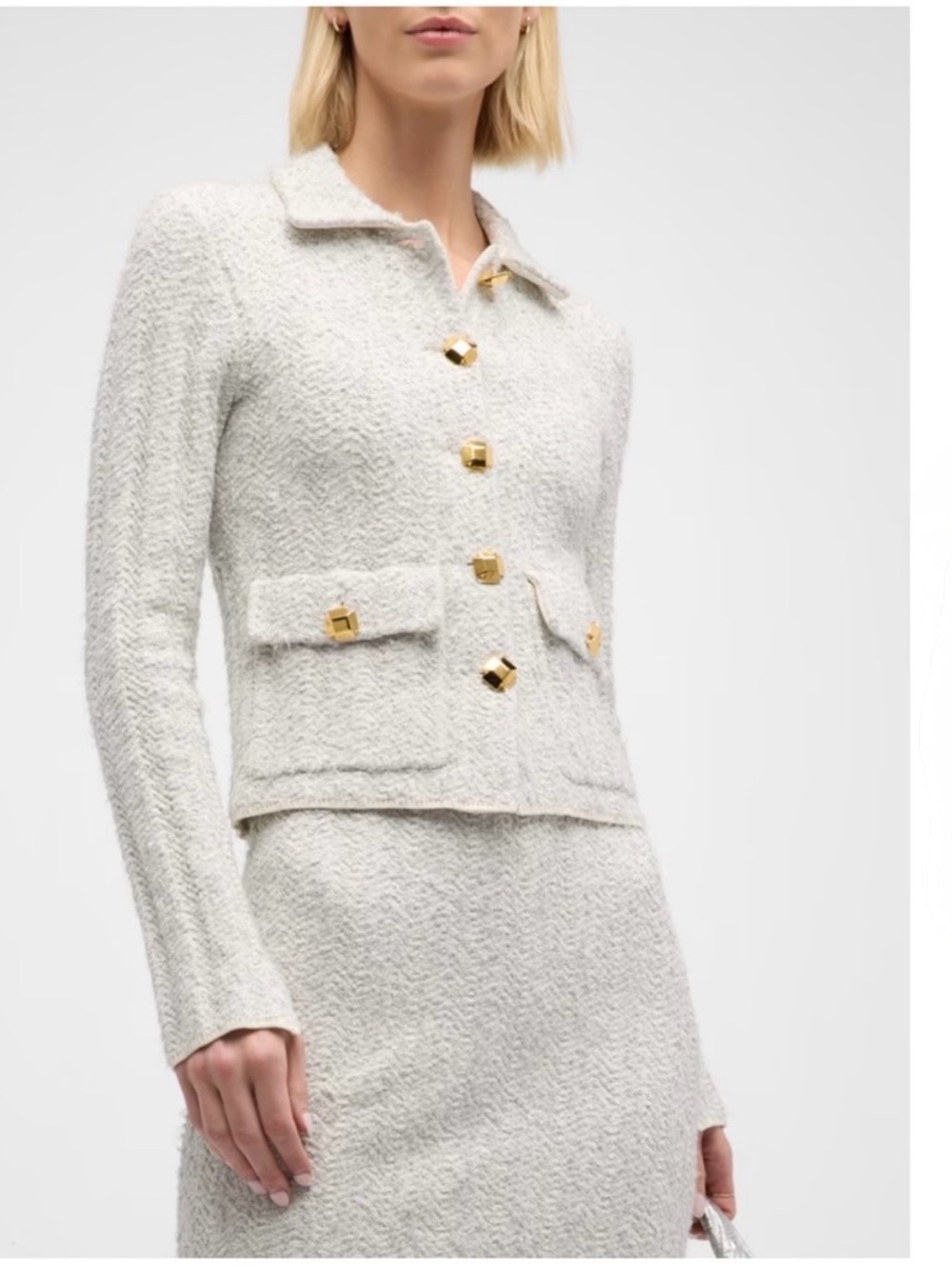 St. John’s American luxury. Textured Slub Chevron Knit Suit w Side-Slit Skirt.